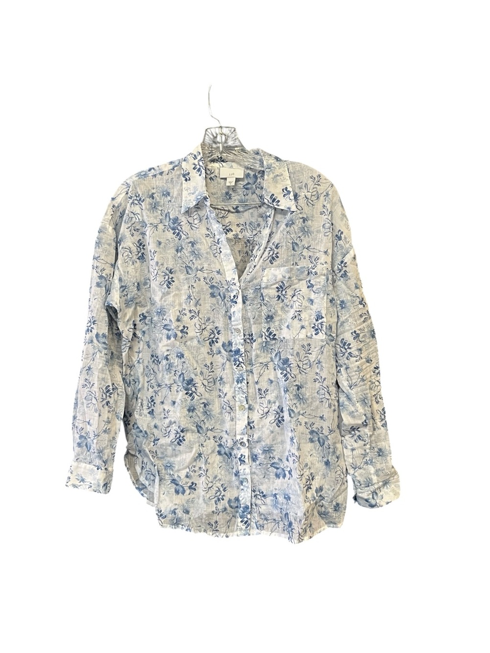 J.Jill Floral Button Front Shirt Women’s M Blue White 100% Cotton Semi Sheer Top